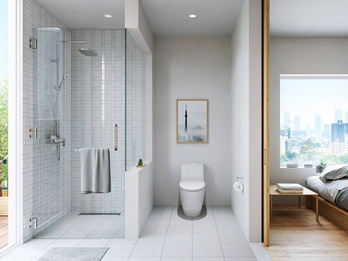 Gạch lát sàn nhà tắm INAX màu xám vân đá với bề mặt chống trơn trượt an toàn.