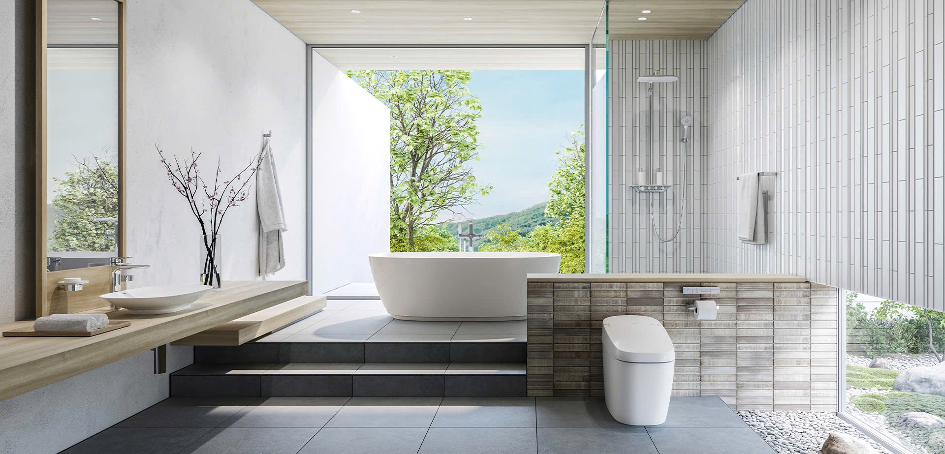 Mẫu phòng tắm Home Spa chuẩn Nhật với gạch ốp lát INAX và bồn tắm nằm sang trọng.